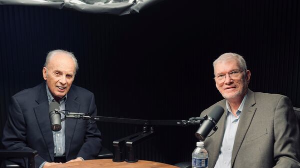In this photo provided by Answersingenesis.org, Rev. John MacArthur, left, is seen in 2024 at his Los Angeles studio with Ken Ham, founder and CEO of Answers in Genesis, which opened the Ark Encounter, a Christian theme park in Kentucky. (Answersingenesis.org via AP)