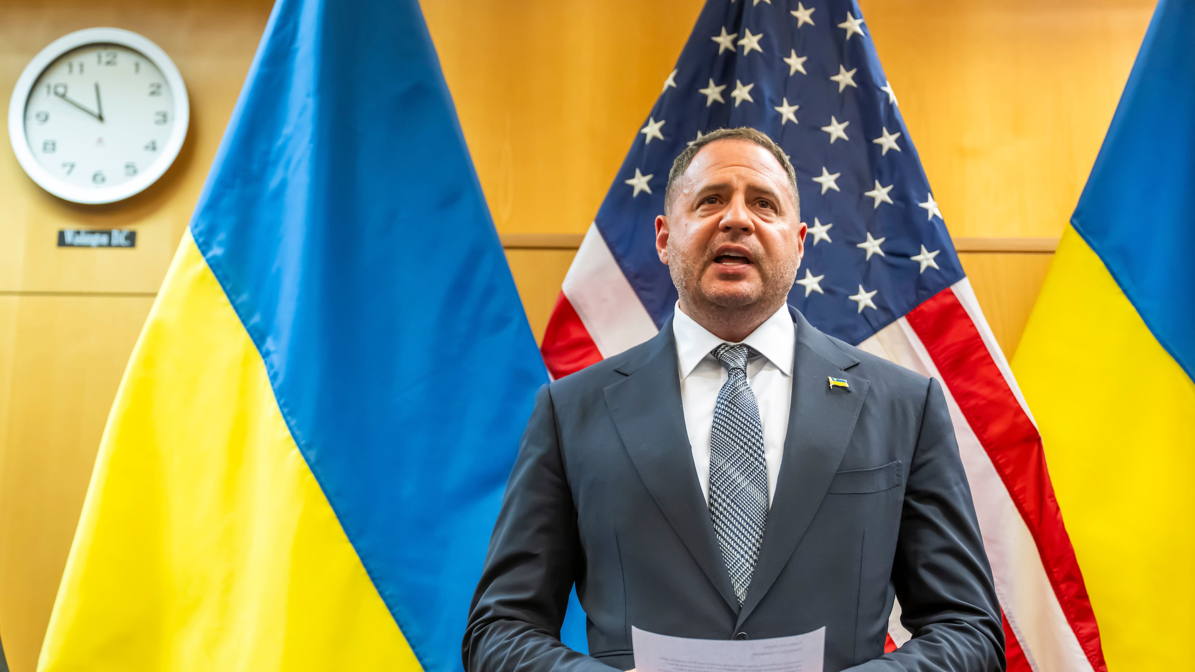 Head of the Office of the President of Ukraine
Andriy Yermak talks to the press at the U.S. Mission to International Organizations in Geneva, Switzerland, Sunday, Nov. 23, 2025. (Martial Trezzini/Keystone via AP)