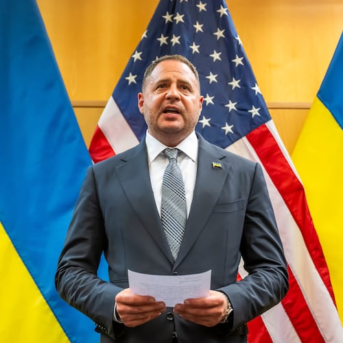 Head of the Office of the President of Ukraine
Andriy Yermak talks to the press at the U.S. Mission to International Organizations in Geneva, Switzerland, Sunday, Nov. 23, 2025. (Martial Trezzini/Keystone via AP)