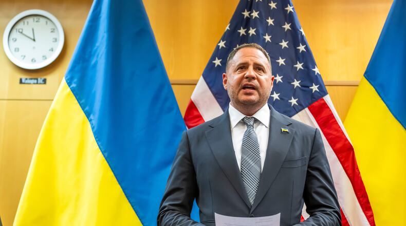 Head of the Office of the President of Ukraine
Andriy Yermak talks to the press at the U.S. Mission to International Organizations in Geneva, Switzerland, Sunday, Nov. 23, 2025. (Martial Trezzini/Keystone via AP)