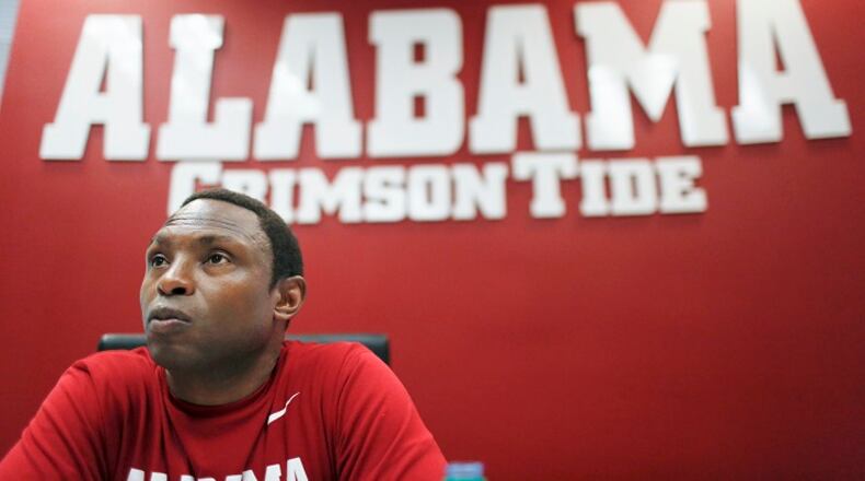 Alabama basketball coach Avery Johnson speaks during an interview, Monday, Oct. 30, 2017, in Tuscaloosa, Ala. (AP Photo/Brynn Anderson)
