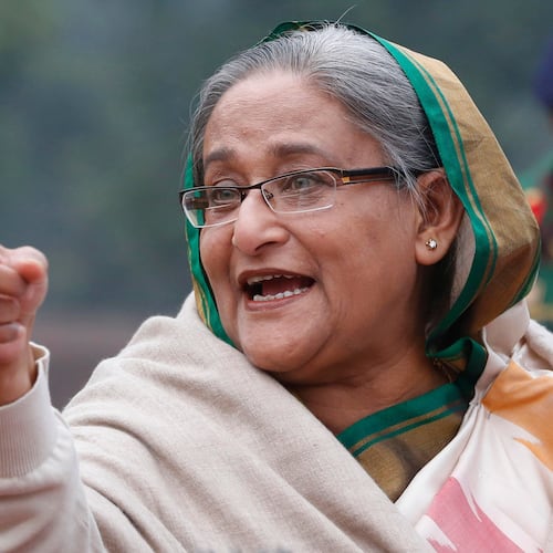 FILE- Bangladesh's Prime Minister Sheikh Hasina speaks during a press conference in Dhaka, Bangladesh, on Jan. 6, 2014. (AP Photo/Rajesh Kumar Singh, File)