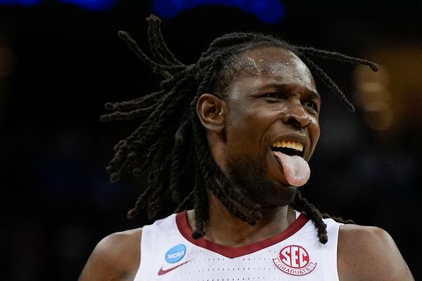 Alabama center Clifford Omoruyi (11) reacts during the second half of a Sweet 16 round NCAA college basketball tournament game against Brigham Young , Thursday, March 27, 2025, in Newark, N.J. (AP Photo/Julia Demaree Nikhinson)