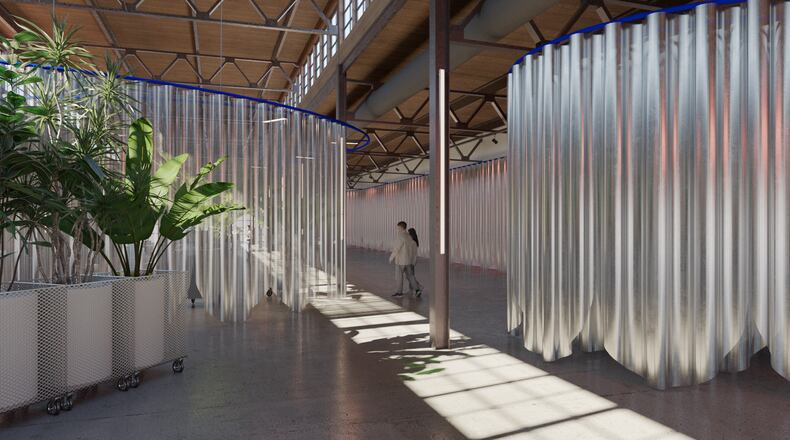 A rendering of the interior of the Loop, a temporary creative hub occupying the former Randall Brothers site in west Midtown. (MALL-Stayner Architects)