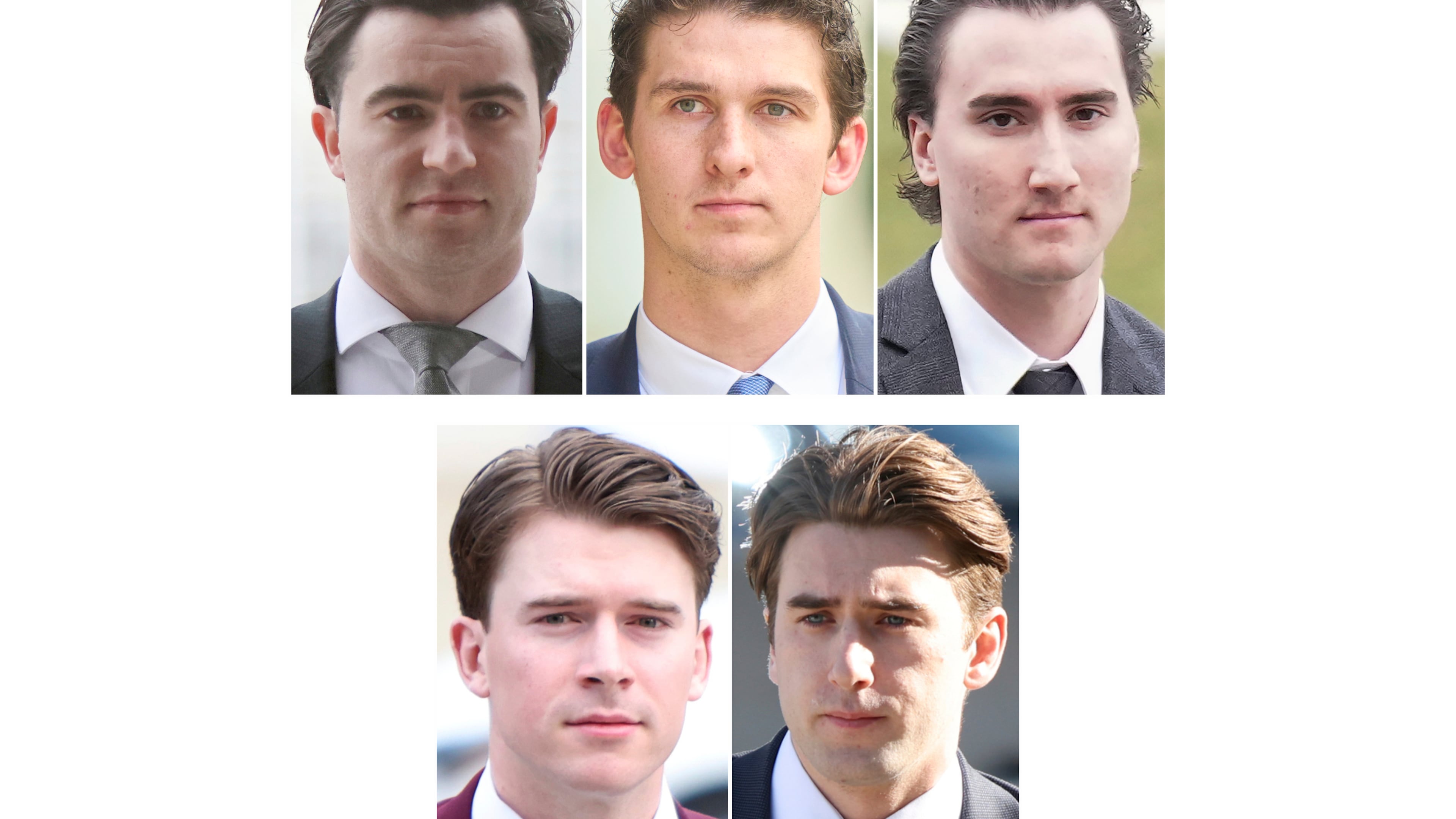 FILE - This combo of 2025 file photos taken in London, Ontario, shows, from top left, Dillon Dube, Cal Foote, Alex Formenton, and from bottom left, Carter Hart, and Michael McLeod, five hockey players acquitted of sexual assault charges stemming from an incident in 2018. (Canadian Press via AP, File)