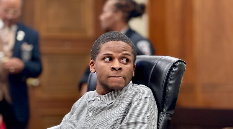 Jordan Lavoris Dean, 20, during a break at his murder trial on Thursday in Bibb County Superior Court in Macon. (Joe Kovac Jr. / AJC)