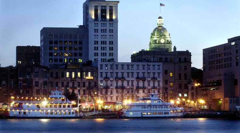 The Savannah, Ga. skyline at dusk.