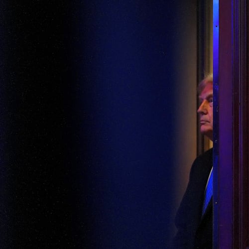President Donald Trump stands before speaking at the Faith & Freedom Coalition's policy conference at the Washington Hilton, Friday, June 26, 2026, in Washington. (AP Photo/Julia Demaree Nikhinson)