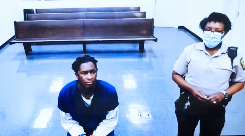 Atlanta rapper Young Thug, whose real name is Jeffery Williams, awaits a virtual appearance before a Fulton County Magistrate judge on Tuesday, May 10, 2022. (Arvin Temkar / arvin.temkar@ajc.com)