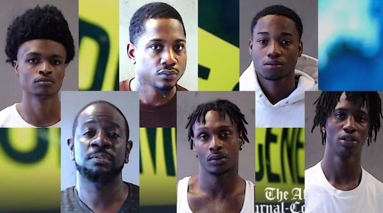 From left to right: De’Vonti King, 19, Thavian Ford, 46, Bryan Jones, 26, Deavin Baker, 31, Darreun Dodson, 20, and Jamal Braud, 25 were arrested on charges of murder and violation of the street gang terrorism and prevention act, police said.
