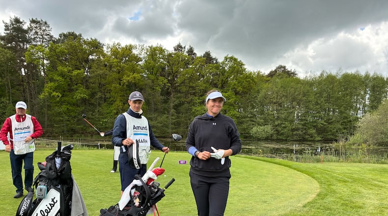 Leonie Harm, right, attends the German Masters golf tournament on the Ladies European Tour in Winsen Germany, Saturday, May 16, 2026. (Marc Moeller/dpa via AP)