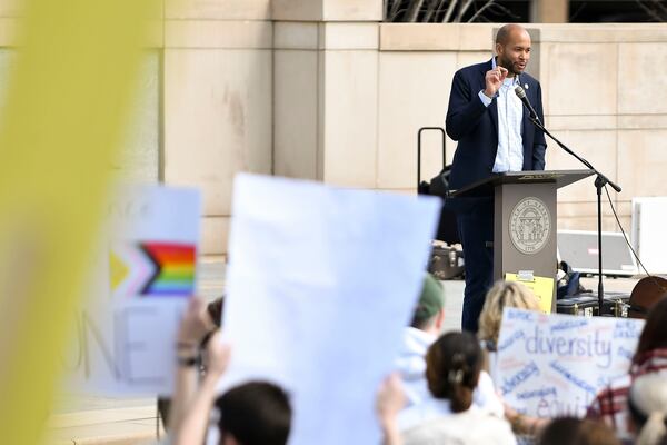 State Rep. Jason Esteves, a candidate for governor in 2026, spoke to attendees at a "Stand Up for Science" event earlier this year in Atlanta.