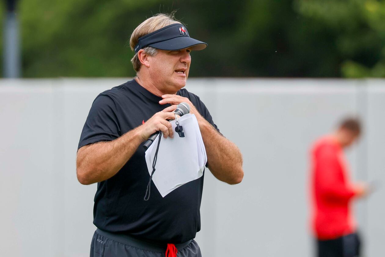 Georgia head coach Kirby Smart observes his team during their first football practice at the University of Georgia practice facility Wednesday, Aug. 5, 2026 in Athens. (Miguel Martinez/AJC)