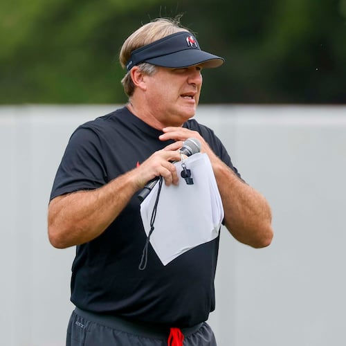 Georgia head coach Kirby Smart observes his team during their first football practice at the University of Georgia practice facility Wednesday, Aug. 5, 2026 in Athens. (Miguel Martinez/AJC)