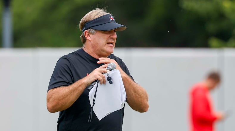 Georgia head coach Kirby Smart observes his team during their first football practice at the University of Georgia practice facility Wednesday, Aug. 5, 2026 in Athens. (Miguel Martinez/AJC)