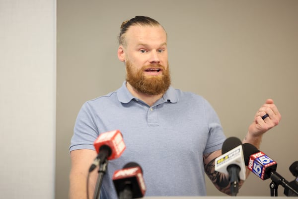 Renter Patrick Colson-Price speaks during an event hosted by Senator Jon Ossoff, Monday, May 19, 2025, in Atlanta. Sen. Ossoff hosted an oversight session in Atlanta alongside Georgia renters and an expert as part of Ossoff’s ongoing investigation. (Jason Getz / AJC)