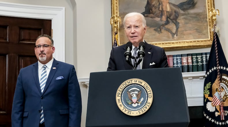 President Joe Biden delivers remarks alongside U.S. Secretary of Education Miguel Cardona after the U.S. Supreme Court rejected his student loan forgiveness program in the Roosevelt Room of the White House in Washington, June 30, 2023. Federal officials on Friday announced a new student loan debt relief plan for some borrowers. (Michael A. McCoy/The New York Times)
