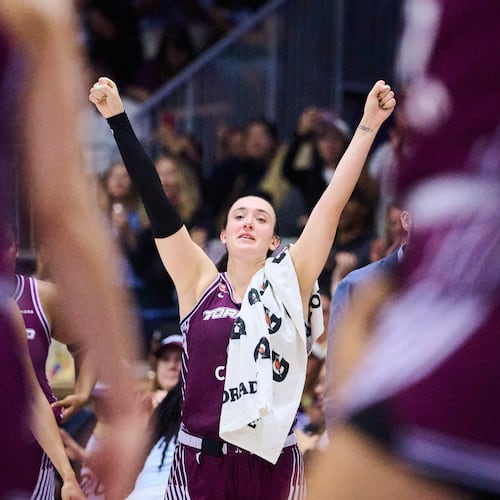 Toronto Tempo's Marina Mabrey celebrates after her team's win over the Los Angeles Sparks during the second half of a WNBA basketball game in Toronto, Thursday, June 25, 2026. (Sammy Kogan/The Canadian Press via AP)