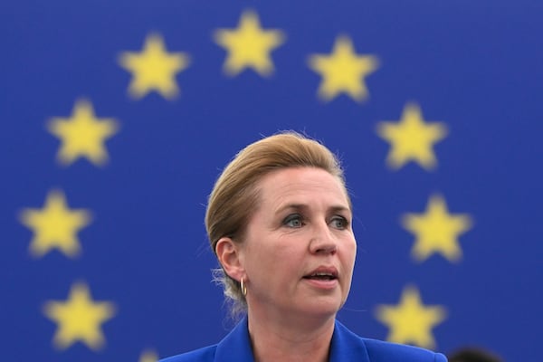 Denmark's Prime Minister Mette Frederiksen delivers her speech as Denmark holds the rotating presidency of the Council of Europe, Tuesday, July 8, 2025 at the European Parliament in Strasbourg, eastern France. (AP Photo/Pascal Bastien)