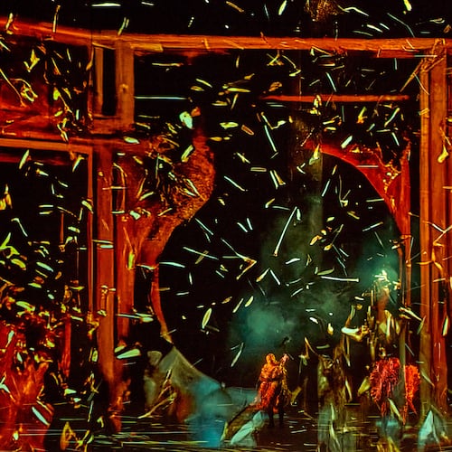 This image released by the Bayreuth Festival shows a dress rehearsal of Wagner's "Das Rheingold" from the AI-driven 150th anniversary production of the Ring Cycle at the Festspielhaus in Bayreuth, Germany on July 15, 2026. (Enrico Nawrath/Bayreuth Festival via AP)
