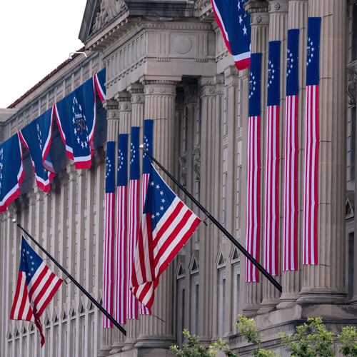 The Commerce Department is decorated for the Fourth of July celebration, Thursday, July 2, 2026, in Washington. (AP Photo/Alex Brandon)