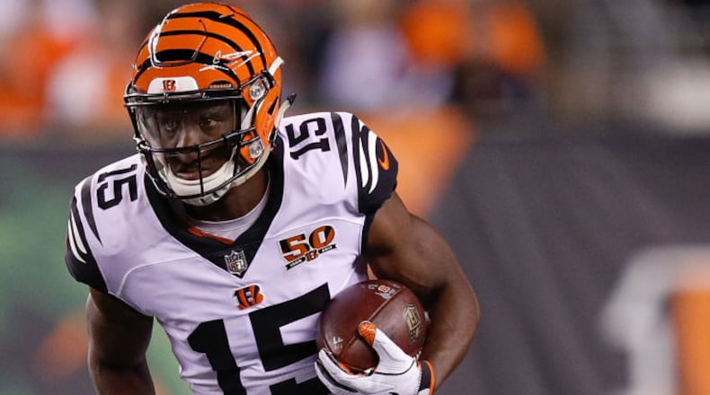 CINCINNATI, OH - SEPTEMBER 14: John Ross #15 of the Cincinnati Bengals runs with the ball against the Houston Texans during the first half at Paul Brown Stadium on September 14, 2017 in Cincinnati, Ohio. (Photo by Joe Robbins/Getty Images)