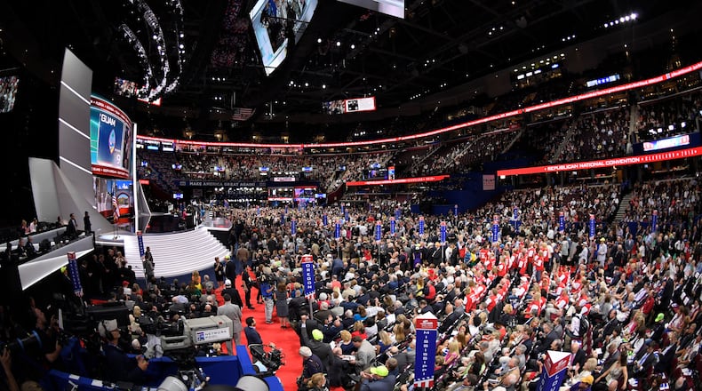 The roll call vote is conducted in the Quicken Loans Arena during the second day of the Republican National Convention in Cleveland, Tuesday, July 19, 2016. (AP Photo/Mark J. Terrill)