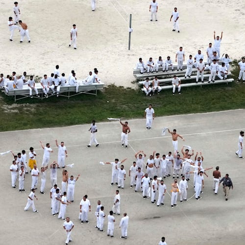 FILE - Detainees wave and spell out a rough SOS to a helicopter flying overhead, at U.S. Immigration and Customs Enforcement's Krome Detention Center, Friday, July 4, 2025, in Miami. (AP Photo/Rebecca Blackwell, File)