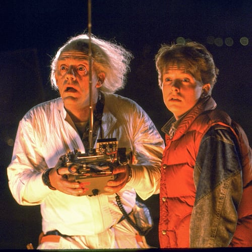 This image released by Universal Pictures shows Christopher Lloyd, left, and Michael J. Fox in a scene from the 1985 film "Back to the Future." (Universal Pictures via AP)
