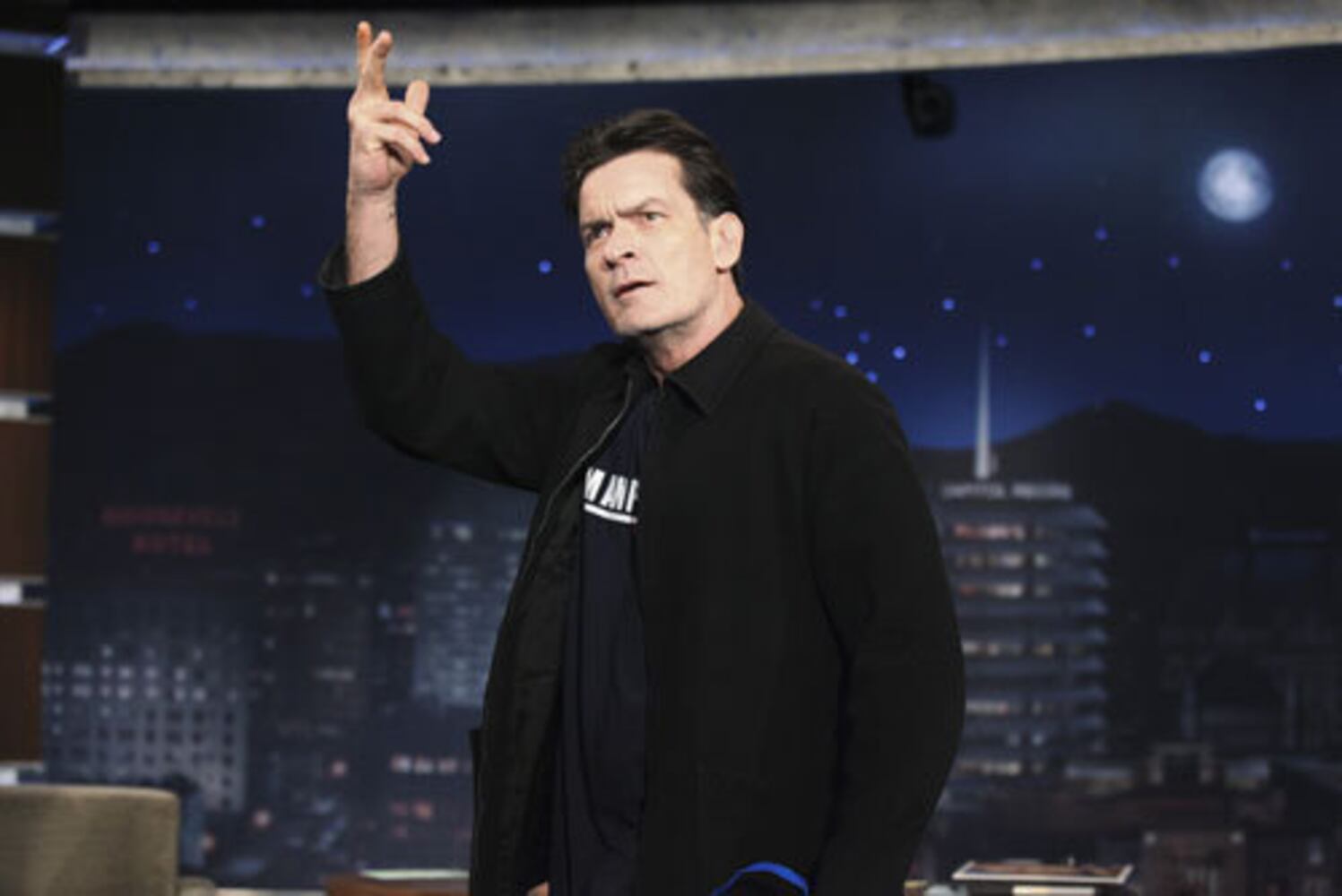 Charlie Sheen surprises Jimmy Kimmel with a kiss