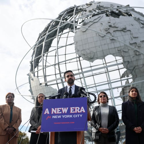 New York City mayor-elect Zohran Mamdani, center, speaks in front of the Unisphere alongside his transition team, from left, Elana Leopold, Melanie Hartzog, Maria Torres-Springer, Grace Bonilla, and Lina Khan, in the Queens borough of New York, Wednesday, Nov. 5, 2025. (AP Photo/Heather Khalifa)