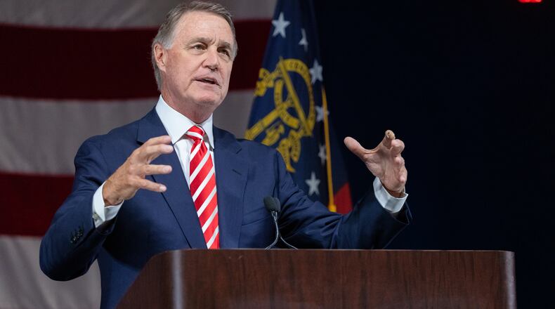 Former Senator David Perdue (R-GA) speaks at the Georgia GOP State Convention in Jekyll Island, Georgia on June 5th, 2021. Nathan Posner for the Atlanta-Journal-Constitution