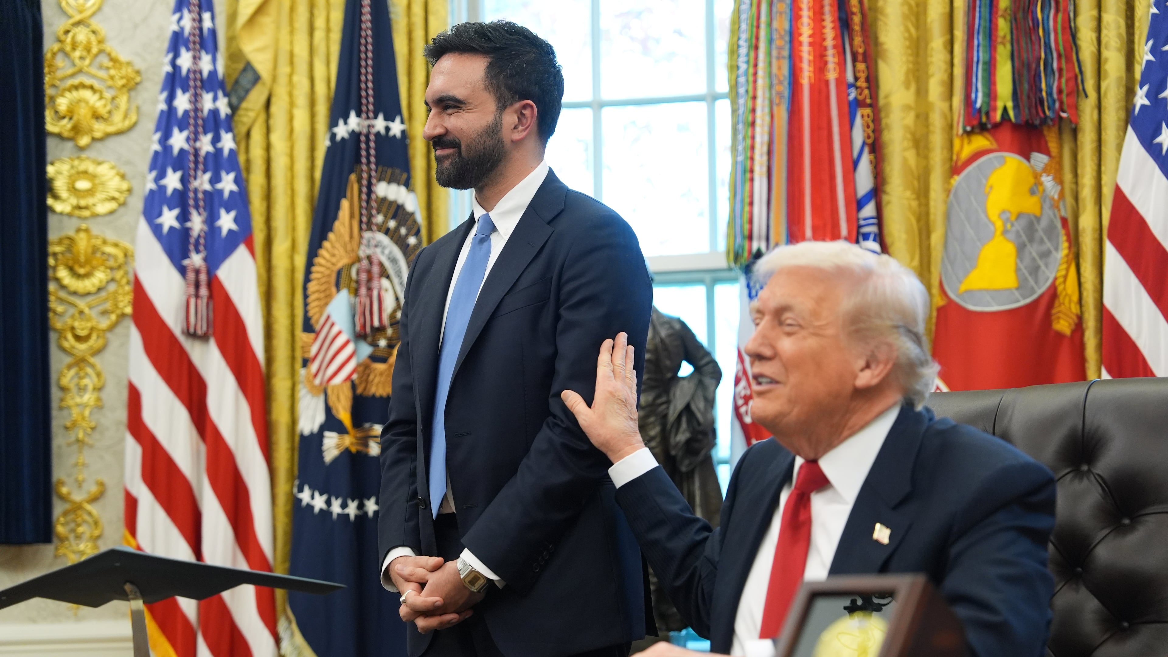 President Donald Trump talks after meeting with New York City Mayor-elect Zohran Mamdani in the Oval Office of the White House, Friday, Nov. 21, 2025, in Washington. (AP Photo/Evan Vucci)