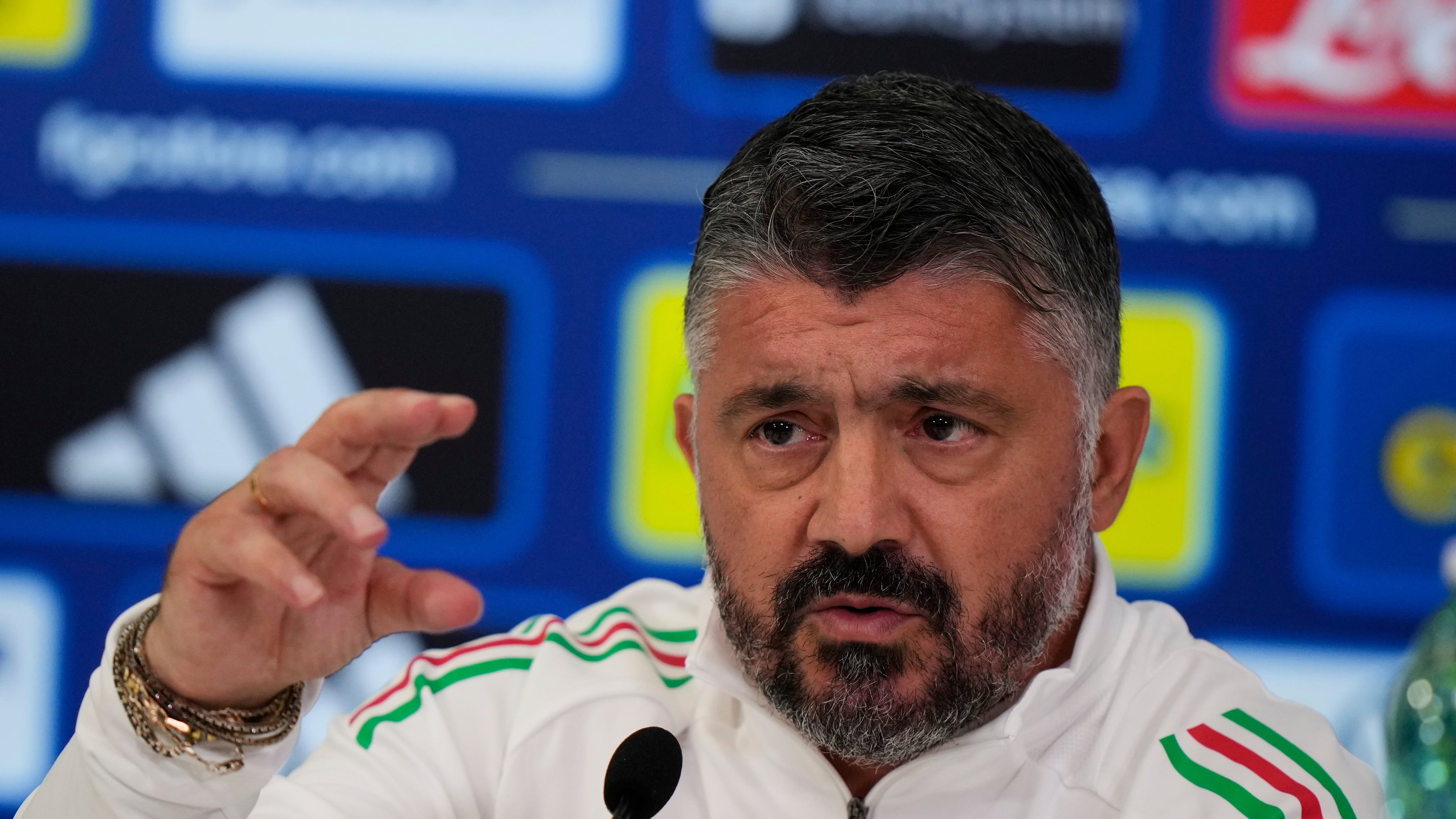 Italy's coach Gennaro Gattuso attends a new conference ahead of tomorrw's World Cup 2026, Group I qualifying soccer match between Italy and Israel at the Bluenergy Stadium in Udine, Italy, Monday, Oct.13, 2025. (AP Photo/Luca Bruno)