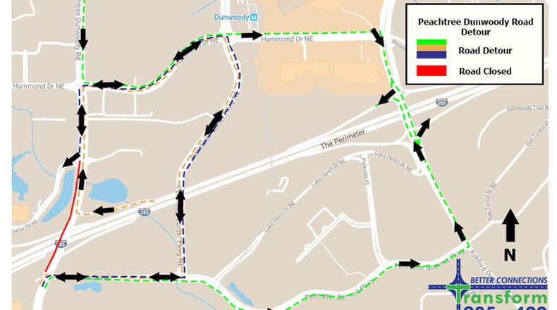 Map depicts recommended detours when Peachtree Dunwoody Road is closed at I-285 for the continuing reconstruction of the I-285/Ga. 400 interchange. GEORGIA DEPARTMENT OF TRANSPORTATION