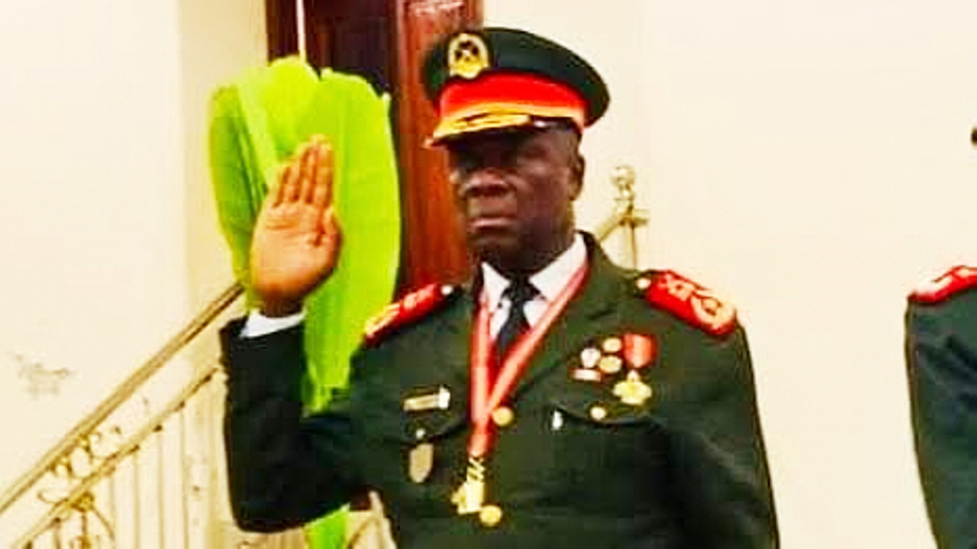 In this photo taken from video provided by TGB Guinea-Bissau, Guinea-Bissau's new junta leader Gen. Horta Inta-A, takes an oath of office in Bissau, Guinea-Bissau, Thursday, Nov. 27, 2025. (TGB Guinea-Bissau via AP)