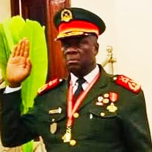 In this photo taken from video provided by TGB Guinea-Bissau, Guinea-Bissau's new junta leader Gen. Horta Inta-A, takes an oath of office in Bissau, Guinea-Bissau, Thursday, Nov. 27, 2025. (TGB Guinea-Bissau via AP)
