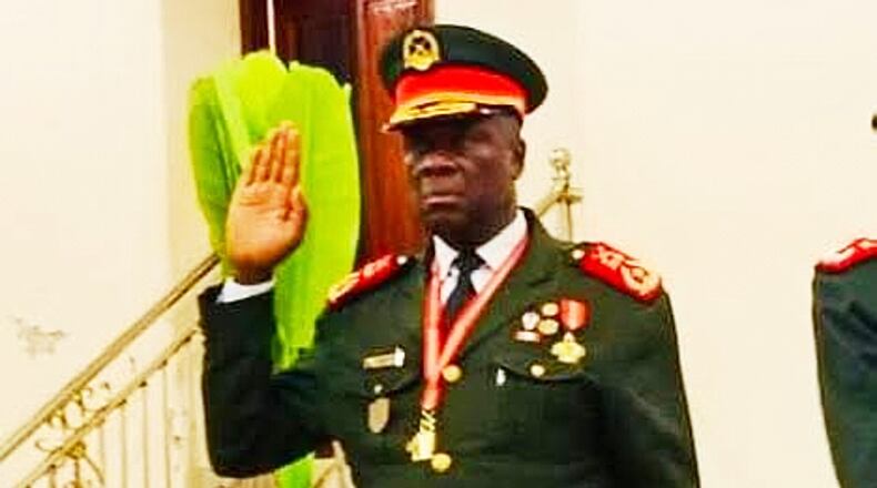 In this photo taken from video provided by TGB Guinea-Bissau, Guinea-Bissau's new junta leader Gen. Horta Inta-A, takes an oath of office in Bissau, Guinea-Bissau, Thursday, Nov. 27, 2025. (TGB Guinea-Bissau via AP)