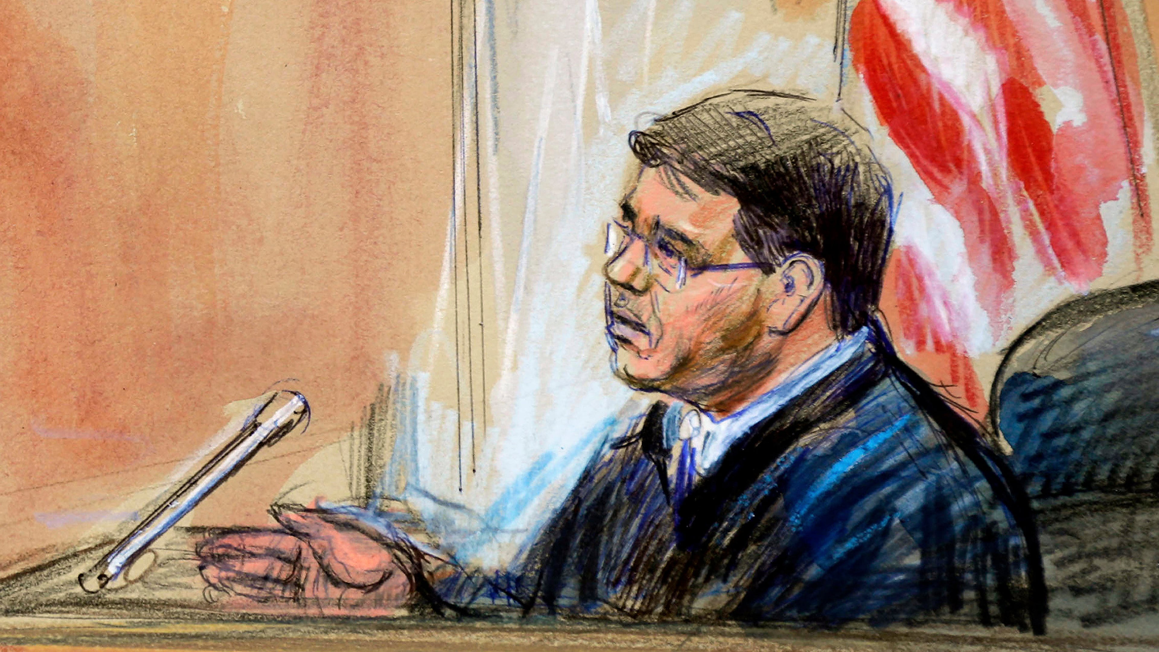FILE - This courtroom sketch depicts U.S. District Michael Nachmanoff, at federal courthouse in Alexandria, Va., Oct. 10, 2019. (Dana Verkouteren via AP, File)