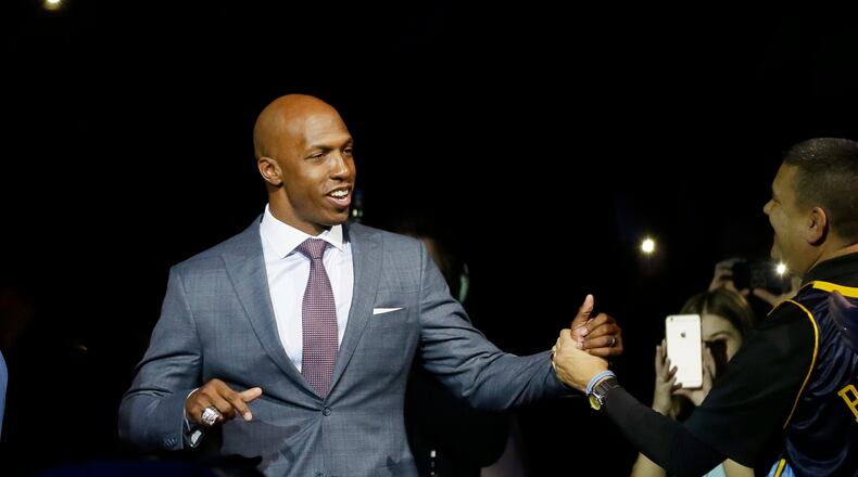Former Detroit Pistons Chauncey Billups is introduced during an NBA basketball game against the Denver Nuggets, Wednesday, Feb. 10, 2016 in Auburn Hills, Mich. The Pistons retired Billups jersey during a halftime ceremony. (AP Photo/Carlos Osorio)