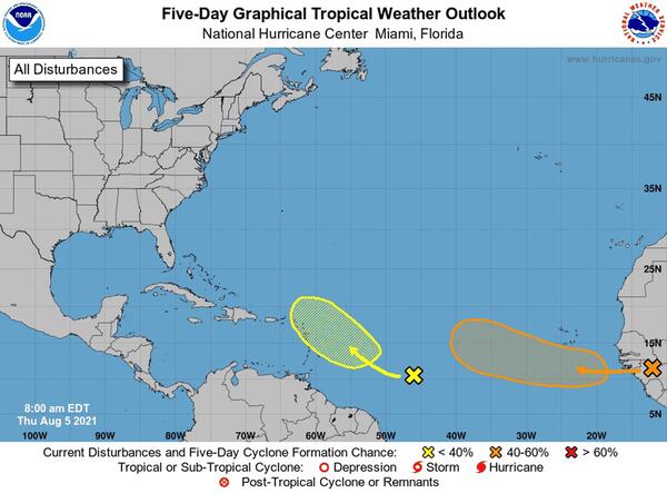 The tropics on Aug. 5. (The National Hurricane Center/TNS)