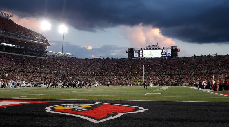 LOUISVILLE, KY - OCTOBER 05: General view as a storm moves in above the stadium during the first half of the game between the Louisville Cardinals and Georgia Tech Yellow Jackets at Cardinal Stadium on October 5, 2018 in Louisville, Kentucky. (Photo by Joe Robbins/Getty Images)