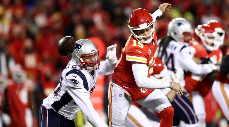 In the AFC Championship, Patriots linebackere Kyle Van Noy his Kansas City quarterback Patrick Mahomes, who obligingly fumbles.
