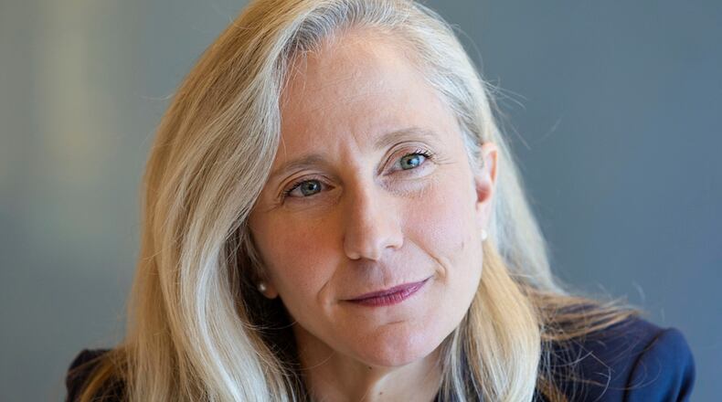 FILE - Rep. Abigail Spanberger, D-Va., speaks during an interview at Libbie Mill Library in Henrico County, Va., Nov. 25, 2024, after she announced she will run for Virginia governor. (AP Photo/Ryan M. Kelly, File)