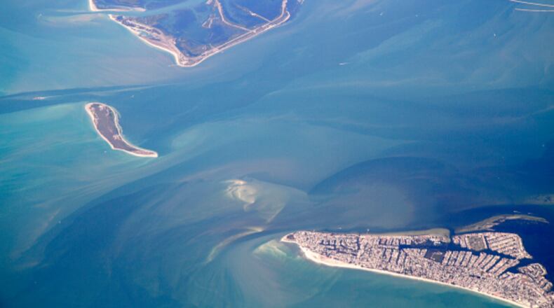 An aerial view of the  Gulf of Mexico off the coast of Louisiana. Scientists believe a majority of the nitrogen and phosphorus pollution that causes dead zones in the Gulf flows down the Mississippi River.