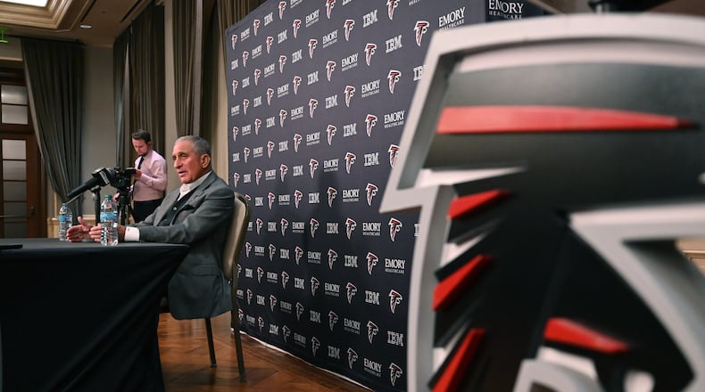 Atlanta Falcons Owner Arthur Blank speaks during a news conference at the Arthur M. Blank Family Office, Thursday, Jan. 8, 2026, in Atlanta. (Hyosub Shin/AJC)