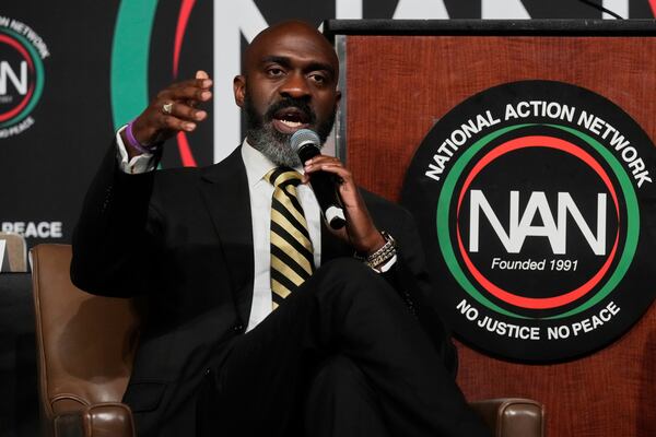 New York Mayor candidate Michael Blake speaks during the New York City Mayoral Candidates Forum at the National Action Network National Convention, Thursday, April 3, 2025, in New York. (AP Photo/Richard Drew)