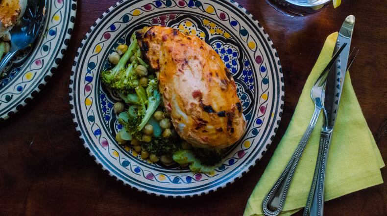 Baked Harissa Chicken Breasts with Chickpeas and Broccoli. 
Virginia Willis for The Atlanta Journal-Constitution