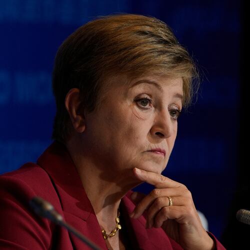FILE - Kristalina Georgieva, managing director of the International Monetary Fund (IMF), listens during a briefing in Beijing, China, Dec. 10, 2025. (AP Photo/Ng Han Guan, File)