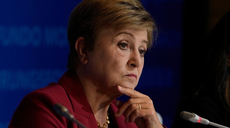 FILE - Kristalina Georgieva, managing director of the International Monetary Fund (IMF), listens during a briefing in Beijing, China, Dec. 10, 2025. (AP Photo/Ng Han Guan, File)